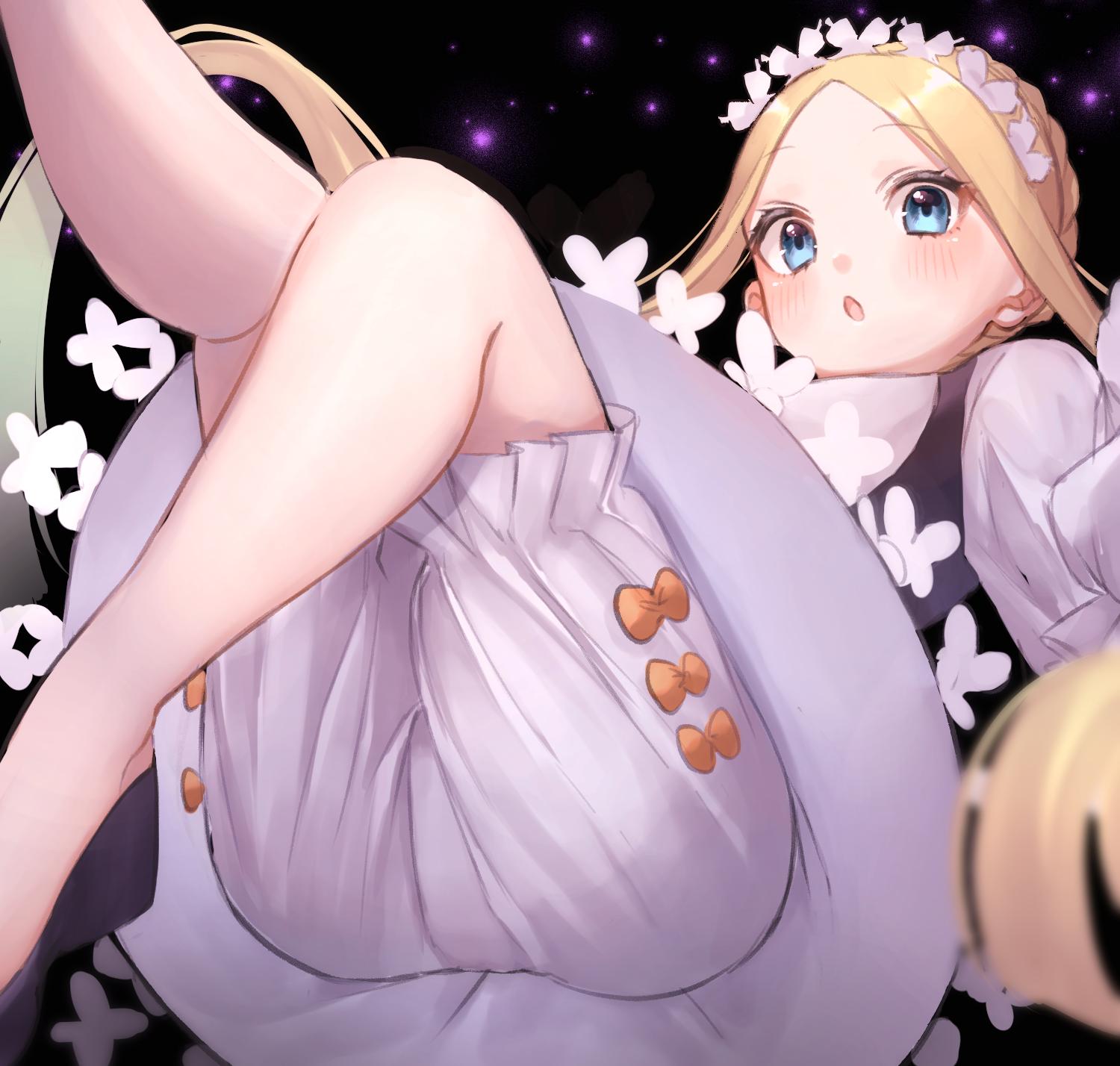 1girl abigail_williams_(fate/grand_order) apron bangs blonde_hair bloomers blue_eyes blush bow butterfly_hair_ornament fate/grand_order fate_(series) hair_ornament highres long_hair long_sleeves looking_at_viewer maid maid_apron maid_headdress mary_janes orange_bow parted_bangs shoes skirt sleeves_past_fingers sleeves_past_wrists solo tied_hair underwear yayoimaka03
