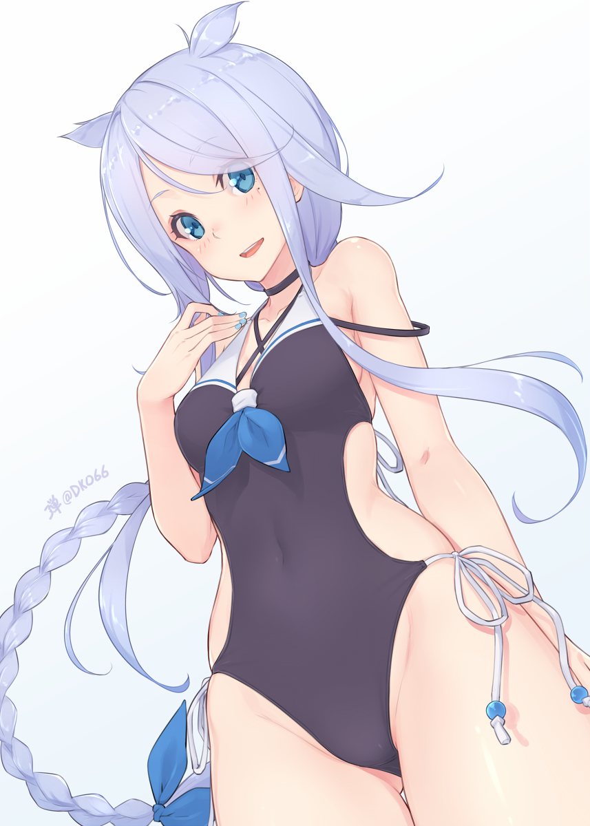 1girl :d bare_arms bare_shoulders black_choker black_swimsuit blue_eyes blue_nails blush braid breasts choker collarbone commentary_request covered_navel cowboy_shot dan_(kumadan) hair_flaps hand_up highres kantai_collection long_hair looking_at_viewer one-piece_swimsuit open_mouth sidelocks silver_hair single_braid small_breasts smile solo standing swimsuit umikaze_(kantai_collection) very_long_hair