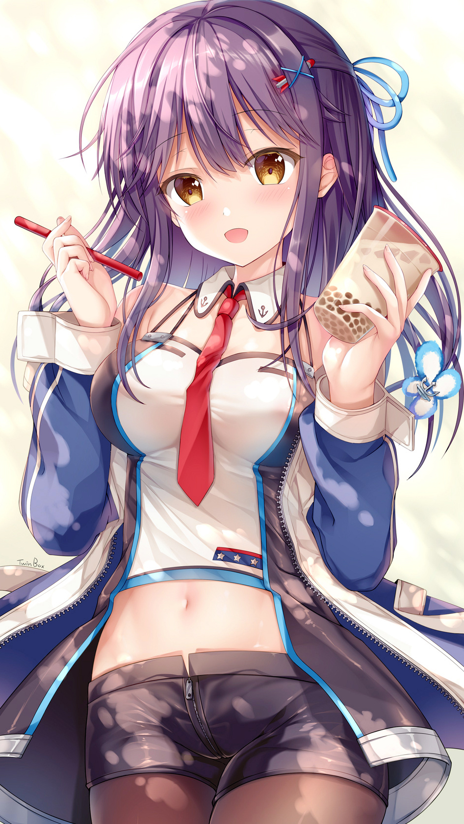 1girl :d azur_lane bare_shoulders black_shorts blue_hair blue_jacket blush breasts brown_eyes brown_legwear bubble_tea commentary_request cowboy_shot crop_top detached_collar drinking_straw hair_ornament hairclip half_updo hands_up highres holding jacket long_hair long_sleeves looking_at_viewer medium_breasts midriff mullany_(azur_lane) navel necktie off_shoulder open_clothes open_jacket open_mouth pantyhose red_neckwear shirt short_shorts shorts sidelocks sleeveless sleeveless_shirt smile solo sousouman spaghetti_strap stomach white_shirt wing_collar zipper zipper_pull_tab