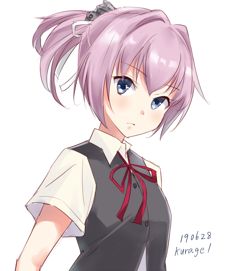 1girl blue_eyes dress_shirt expressionless grey_vest kantai_collection looking_at_viewer neck_ribbon pink_hair ponytail red_ribbon ribbon school_uniform shiranui_(kantai_collection) shirt short_ponytail short_sleeves simple_background solo u0709 upper_body vest white_background white_shirt