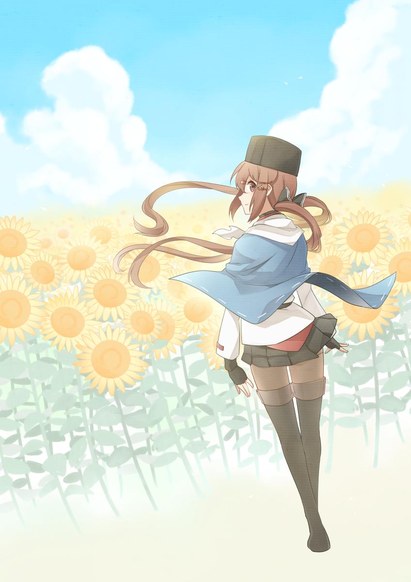 1girl black_bow black_footwear black_gloves black_headwear black_skirt blue_shawl blue_sky boots bow brown_eyes brown_hair brown_legwear clouds commentary_request day fingerless_gloves flower from_behind full_body gloves hair_bow highres ido_(teketeke) jacket kantai_collection long_hair looking_at_viewer looking_back low_twintails outdoors pantyhose papakha red_shirt ribbon_trim scarf shawl shirt skirt sky solo sunflower tashkent_(kantai_collection) thigh-highs thigh_boots twintails untucked_shirt white_jacket white_scarf