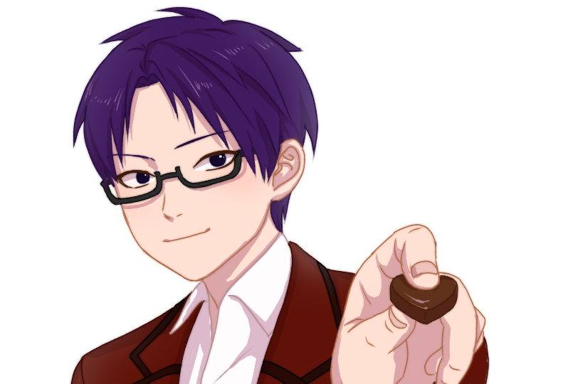 1boy black-framed_eyewear chocolate chocolate_heart glasses heart kuboyasu_aren male_focus purple_hair saiki_kusuo_no_psi_nan simen_sokka simple_background solo standing upper_body valentine violet_eyes white_background