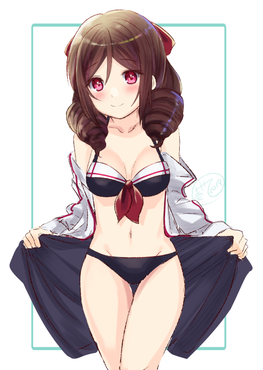 1girl alternate_costume bikini black_bikini bow breasts brown_hair collarbone cowboy_shot cute drill_hair front-tie_top hair_bow harukaze_(kantai_collection) ittokyu jacket kantai_collection looking_at_viewer medium_breasts navel open_clothes open_jacket red_bow red_eyes sarong simple_background smile solo standing swimsuit thigh_gap twin_drills white_background white_jacket