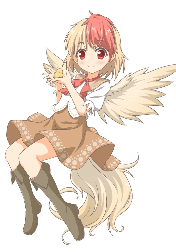 1girl bangs black_footwear blonde_hair blush boots brown_skirt brown_wings closed_mouth commentary_request eyebrows_visible_through_hair feathered_wings full_body knee_boots multicolored_hair niwatari_kutaka puffy_short_sleeves puffy_sleeves red_eyes redhead shino_megumi shirt short_sleeves simple_background skirt smile solo touhou two-tone_hair white_background white_shirt wings