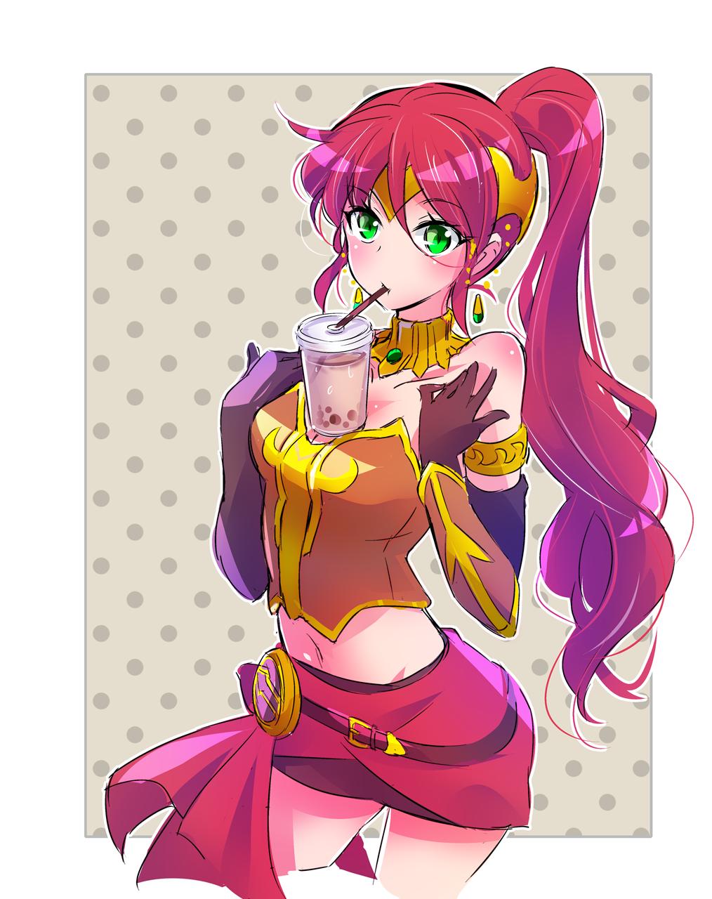 1girl armlet belt black_gloves black_skirt breastplate bubble_tea_challenge buckle circlet corset earrings elbow_gloves forehead_protector gloves gorget green_eyes highres iesupa jewelry long_hair meme miniskirt ponytail pyrrha_nikos redhead rwby sarong skirt solo vambraces