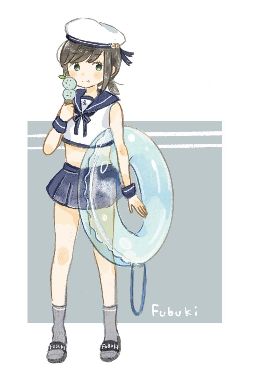 1girl anchor_symbol beret black_hair blush character_name commentary_request fubuki_(kantai_collection) full_body green_eyes hat highres ice_cream_cone innertube kantai_collection looking_at_viewer onigiri_(ginseitou) pleated_skirt sailor_collar sandals short_hair short_ponytail simple_background skirt solo stomach two-tone_background white_background wrist_cuffs