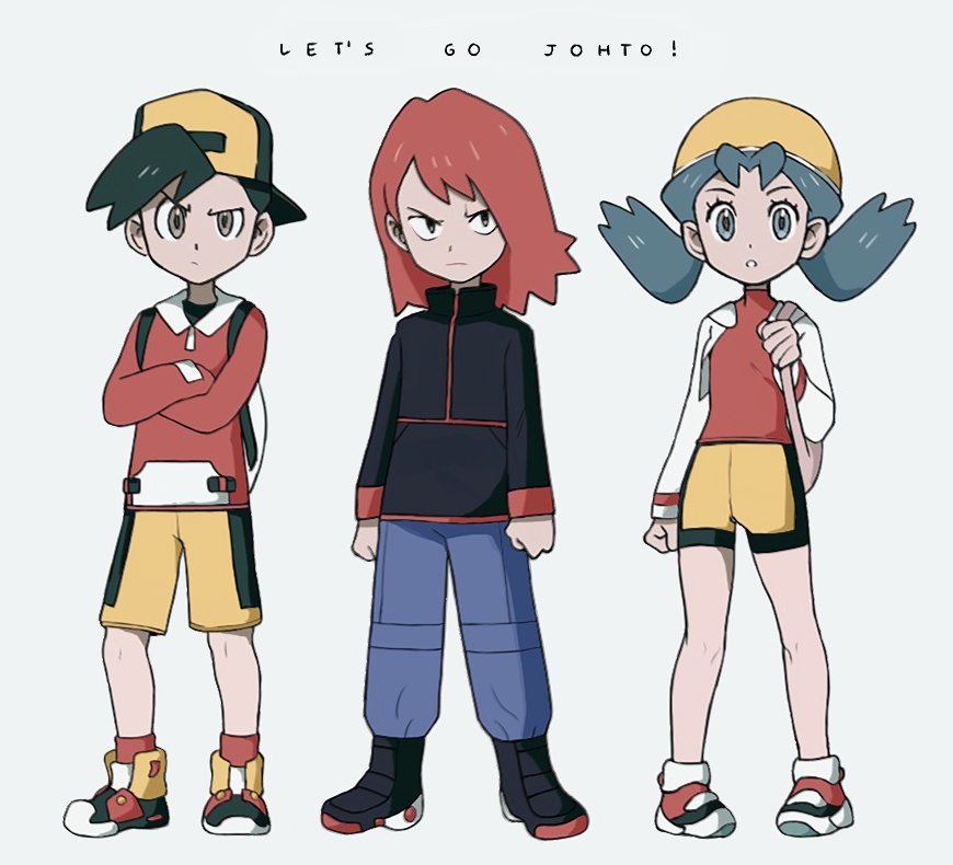 1girl 2boys backpack backwards_hat bag bike_shorts black_jacket blue_eyes blue_hair boots brown_eyes clenched_hands crossed_arms crystal_(pokemon) full_body gold_(pokemon) grey_background hat jacket mandi0pan messenger_bag multiple_boys parody pigeon-toed pokemon pokemon_(game) pokemon_gsc pokemon_lgpe red_legwear redhead shorts shoulder_bag silver_(pokemon) simple_background socks style_parody turtleneck twintails yellow_shorts