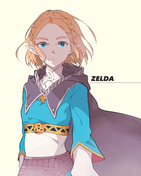 1girl bangs blonde_hair blue_eyes braid breasts cape character_name closed_mouth commentary facing_viewer hair_ornament hood hood_down kaitara_deru long_sleeves looking_at_viewer medium_breasts parted_bangs pointy_ears princess_zelda shaded_face short_hair simple_background smile solo standing the_legend_of_zelda the_legend_of_zelda:_breath_of_the_wild the_legend_of_zelda:_breath_of_the_wild_2 upper_body white_background