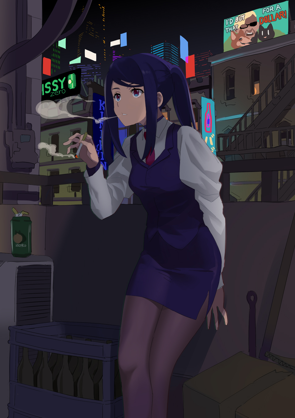 1girl ad bangs beer_crate billboard black_hair can cigarette city city_lights cityscape collared_shirt dog highres jill_stingray necktie night ningen_(ningen96) pantyhose pencil_skirt purple_skirt shirt skirt smoke smoking sunglasses swept_bangs twintails va-11_hall-a vest