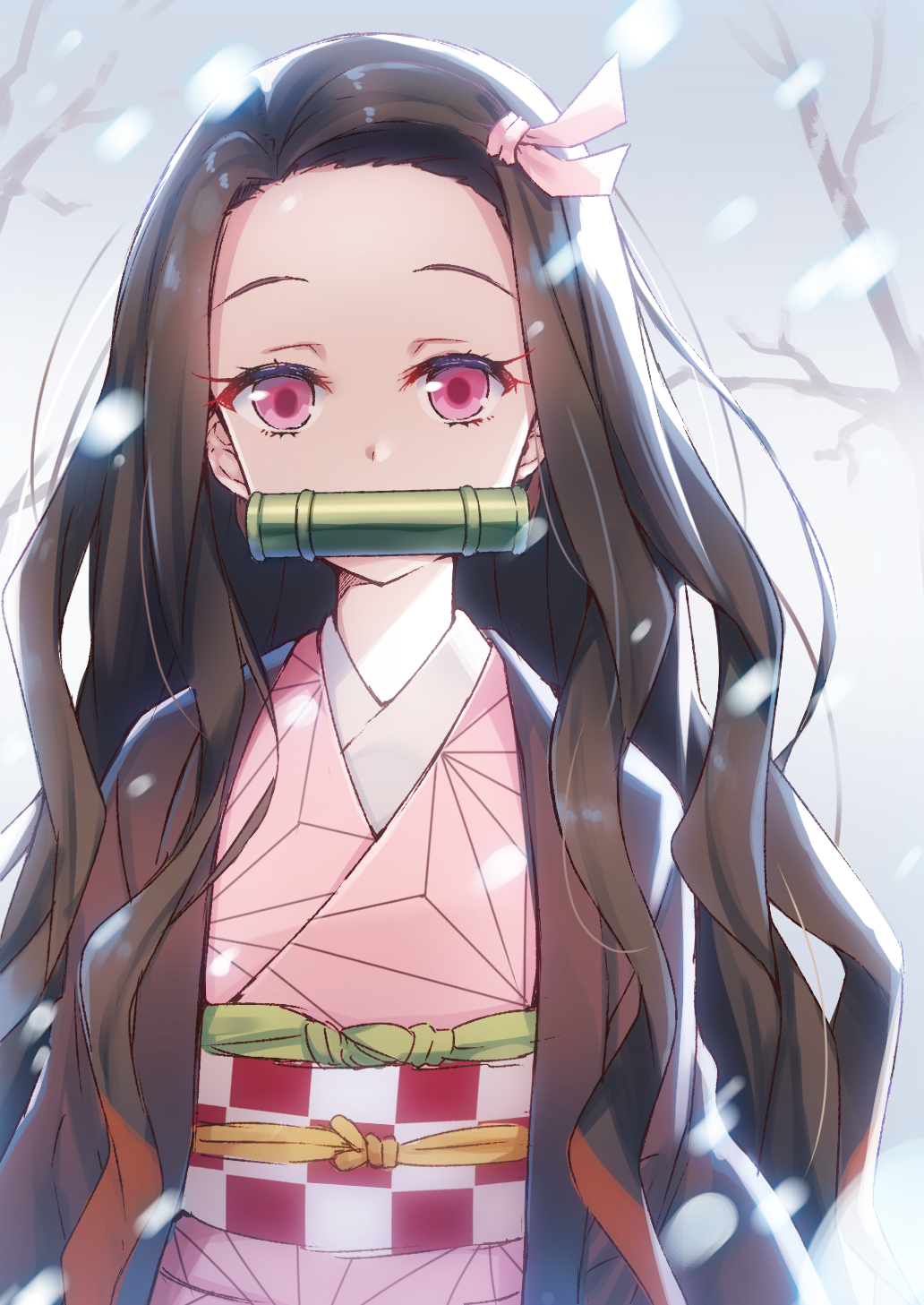 1girl bamboo bare_tree brown_hair commentary_request gagged hair_ribbon highres japanese_clothes kamado_nezuko kimetsu_no_yaiba kimono long_hair long_sleeves obi pink_eyes pink_ribbon raiou ribbon sash snow snowing solo tree