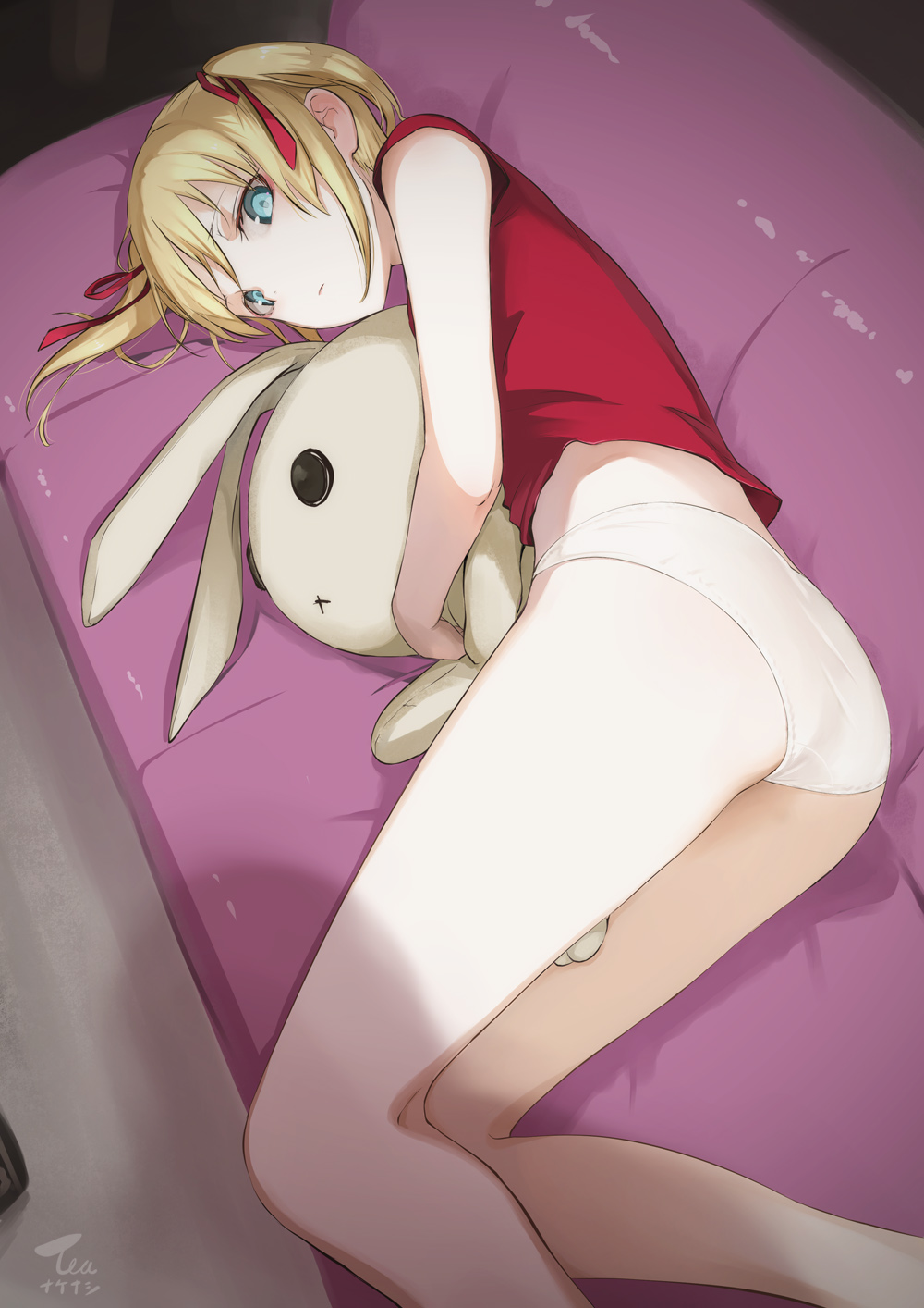 1girl artist_name ass bare_arms bare_legs blonde_hair blue_eyes closed_mouth couch doll_hug expressionless hair_ribbon highres long_hair looking_at_viewer lying no_pants on_couch on_side original panties red_ribbon red_shirt ribbon shadow shirt short_sleeves sidelocks solo stuffed_animal stuffed_bunny stuffed_toy tea_(nakenashi) thighs twintails underwear white_panties