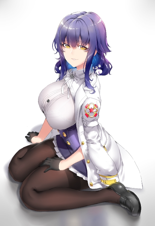 1girl azuma_(azur_lane) azur_lane bangs black_footwear black_gloves black_legwear bra_through_clothes breasts buttons eyebrows_visible_through_hair gloves hair_between_eyes hair_ornament half_gloves jacket_on_shoulders large_breasts long_hair looking_at_viewer looking_to_the_side pantyhose parted_lips pleated_skirt purple_hair sidelocks sitting skirt smile solo white_skirt xiangzi_box yellow_eyes