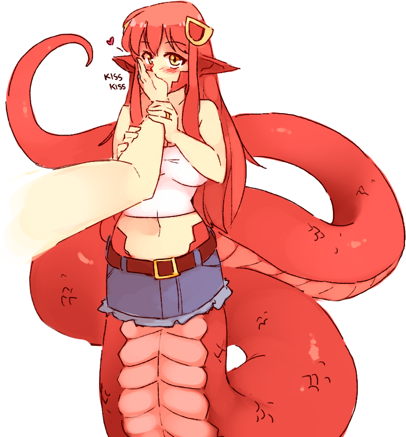 1boy 1girl bangs bare_shoulders belt blush breasts commission eyebrows_visible_through_hair hair_between_eyes hair_ornament hairclip hand_kiss heart holding_hands jewelry kiss lamia large_breasts long_hair looking_at_viewer midriff miia_(monster_musume) miniskirt monster_girl monster_musume_no_iru_nichijou navel onomatopoeia paid_reward patreon_reward pointy_ears pov pov_hands redhead ring rtil scales simple_background skirt solo_focus tail tank_top wedding_band white_background yellow_eyes