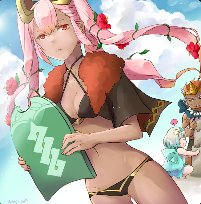 1boy 2girls bikini blue_hair blue_sky closed_eyes closed_mouth clouds dark_skin dark_skinned_male day fire_emblem fire_emblem_heroes flower from_side fur_trim gradient_hair hair_flower hair_ornament helbindi_(fire_emblem) laevatein_(fire_emblem) long_hair multicolored_hair multiple_girls navel one-piece_swimsuit open_mouth orange_hair outdoors pink_hair plant red_eyes robaco sand_castle sand_sculpture short_hair short_sleeves sky squatting swimsuit twintails twitter_username vines white_hair wreath ylgr_(fire_emblem)