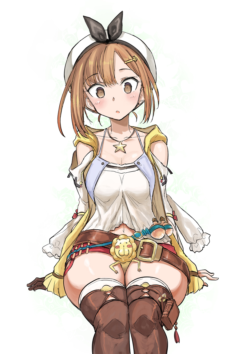 1girl :o atelier_(series) atelier_ryza b.u.e.r. belt beret brown_eyes brown_gloves brown_hair collarbone commentary_request eyebrows_visible_through_hair flask gloves hair_ornament hairclip hat hitotose_rin jewelry koukaku_no_pandora micro_shorts necklace open_mouth pouch red_shorts reisalin_stout round-bottom_flask short_hair shorts simple_background sitting solo star star_necklace thighs white_background