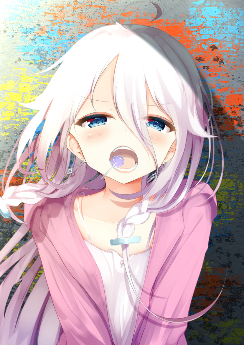 1girl ahoge aties20 bangs blue_eyes blush camisole candy collarbone commentary earrings eyebrows_visible_through_hair food food_in_mouth hair_between_eyes hair_ornament hairclip hood hood_down hooded_jacket ia_(vocaloid) jacket jewelry lollipop long_hair looking_at_viewer open_clothes open_jacket open_mouth pink_jacket silver_hair solo upper_body v-shaped_eyebrows very_long_hair vocaloid white_camisole