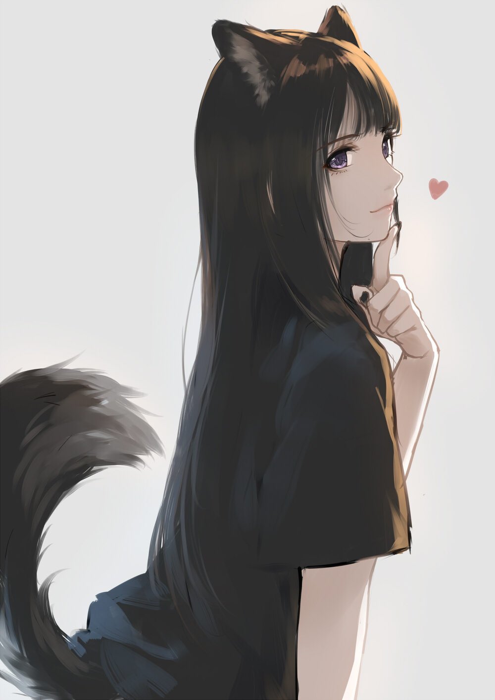 1girl animal_ears bangs black_hair black_nails black_shirt blunt_bangs caidychen closed_mouth eyebrows_visible_through_hair finger_to_chin fox_ears fox_girl fox_tail from_side grey_background heart highres index_finger_raised long_hair looking_away nail_polish original shirt short_sleeves simple_background sketch smile solo tail upper_teeth violet_eyes