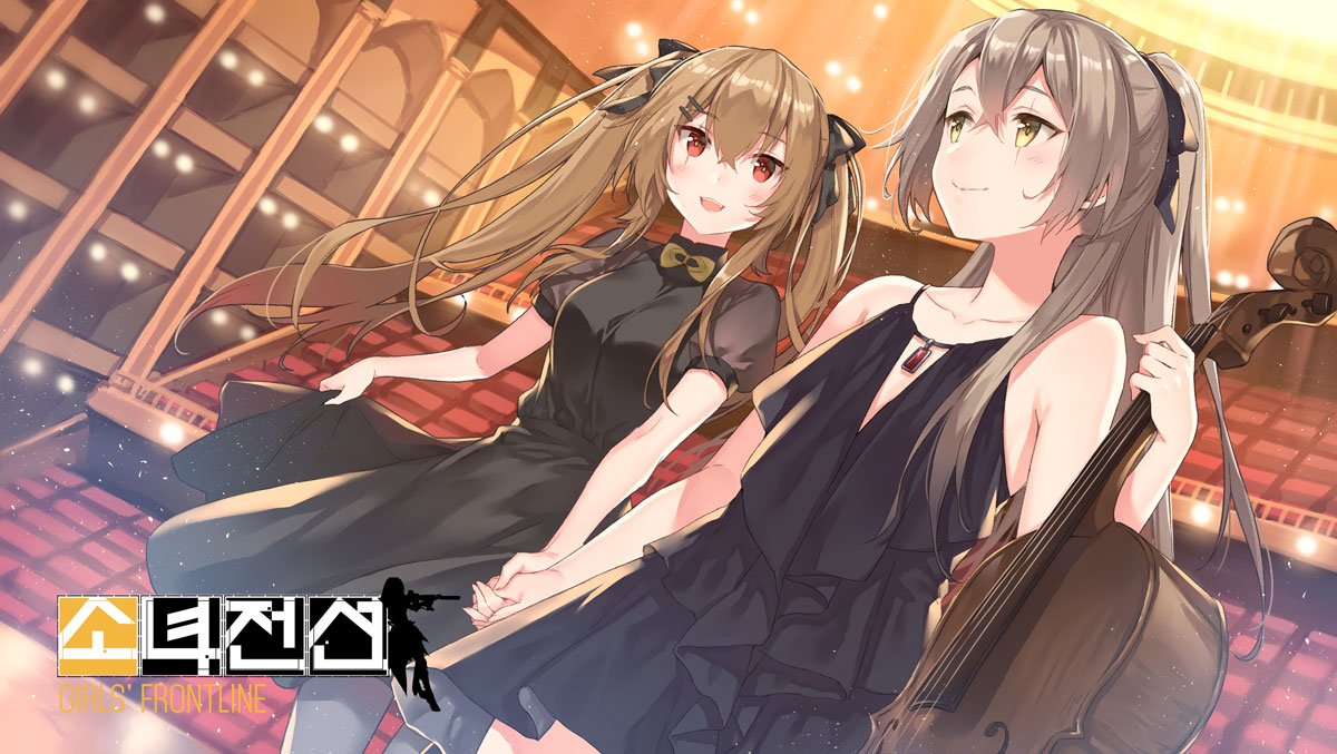 2girls :d alternate_costume alternate_hairstyle black_dress black_ribbon blush brown_hair dress dutch_angle eyebrows_visible_through_hair girls_frontline hair_between_eyes hair_ornament hair_ribbon holding holding_hands holding_instrument indoors instrument light_particles lights logo long_hair looking_at_another looking_at_viewer manle multiple_girls official_art open_mouth ponytail red_eyes ribbon scar scar_across_eye short_sleeves sleeveless sleeveless_dress smile twintails ump45_(girls_frontline) ump9_(girls_frontline) yellow_eyes