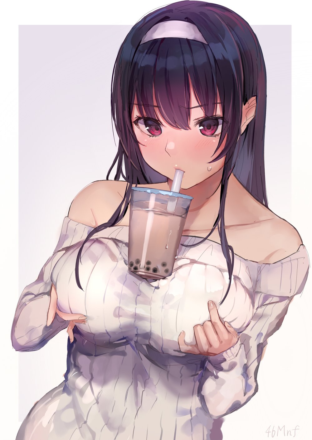 1girl bangs bare_shoulders blush breast_lift breasts bubble_tea bubble_tea_challenge cup disposable_cup drinking drinking_straw eyebrows_visible_through_hair hair_between_eyes hairband highres large_breasts long_hair looking_at_viewer off-shoulder_sweater off_shoulder original outside_border purple_hair ribbed_sweater shiromonefu signature solo sweatdrop sweater upper_body violet_eyes white_hairband white_sweater
