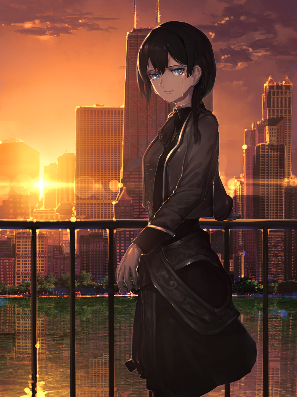 1girl bangs black_dress black_hair black_jacket blue_eyes building closed_mouth collared_dress commentary_request crying crying_with_eyes_open dress fixro2n hair_between_eyes highres jacket long_sleeves looking_at_viewer open_clothes open_jacket original railing reflection river sky skyscraper smile solo standing sunset tears water