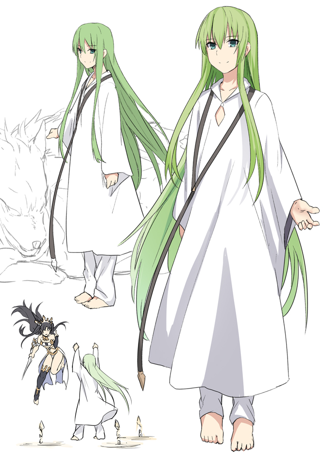1girl 1other androgynous black_hair breasts collarbone commentary_request enkidu_(fate/strange_fake) eyebrows_visible_through_hair fate/grand_order fate/strange_fake fate_(series) green_eyes green_hair hair_between_eyes ishtar_(fate/grand_order) jewelry long_hair looking_at_viewer multiple_views robe shiseki_hirame single_thighhigh smile solo_focus thigh-highs two_side_up weapon white_legwear wolf