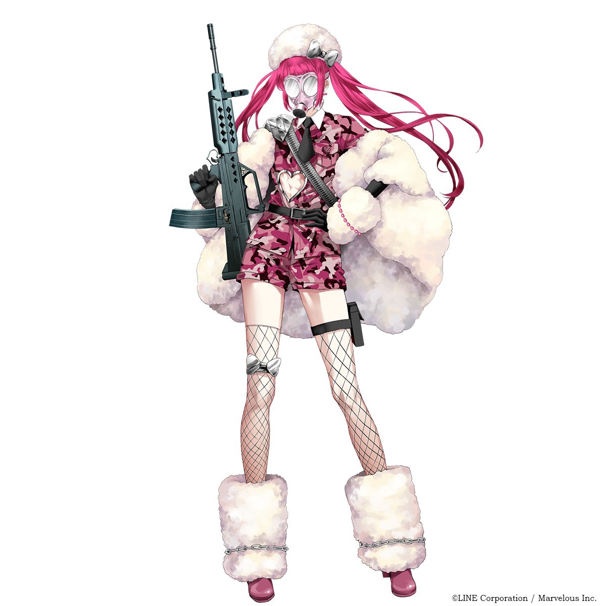 1boy arm_warmers bangs belt black_gloves boots bow bullpup camouflage contrapposto earrings fishnet_legwear fishnets full_body fur_coat fur_hat fur_trim gas_mask gloves gun hand_on_hip hat high_heels highres holding holding_gun holding_weapon jewelry kiyohara_hiro leg_warmers like_two_(senjuushi) long_hair male_focus necktie official_art otoko_no_ko pink_footwear pink_hair senjuushi:_the_thousand_noble_musketeers shorts shoulder_armor solo standing thigh-highs thigh_strap thighlet thighs twintails very_long_hair weapon weapon_request woodland_camouflage
