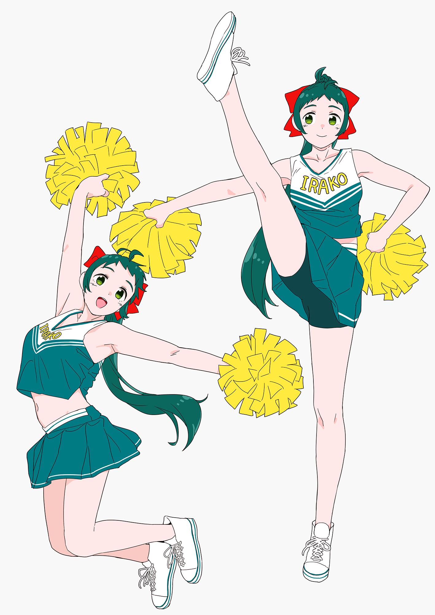 1girl bike_shorts character_name cheerleader crop_top crop_top_overhang full_body green_eyes green_hair green_shorts grey_background high_kick highres irako_(kantai_collection) jumping kantai_collection kicking long_hair midriff multiple_views ojipon pom_poms ponytail shoes shorts shorts_under_skirt simple_background sneakers standing white_footwear