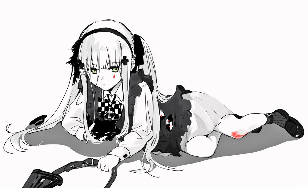 1girl assault_rifle black_cat cat girls_frontline green_eyes gun h&amp;k_hk416 loli lolita_fashion rifle shirt skirt socks twintails weapon white_hair