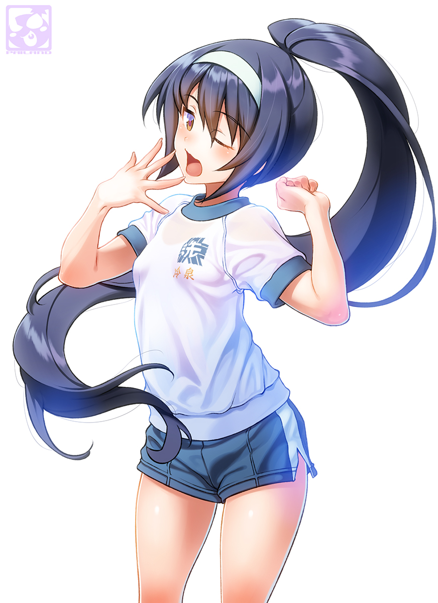 1girl alternate_hair_length alternate_hairstyle artist_logo bangs black_hair blue_shorts brown_eyes character_name clenched_hand cowboy_shot emblem eyebrows_visible_through_hair girls_und_panzer gym_shorts gym_uniform hair_up hairband highres long_hair looking_at_viewer one_eye_closed ooarai_(emblem) open_mouth pairan ponytail print_shirt reizei_mako shirt short_shorts short_sleeves shorts simple_background single_vertical_stripe solo standing t-shirt very_long_hair w_arms white_background white_hairband white_shirt yawning