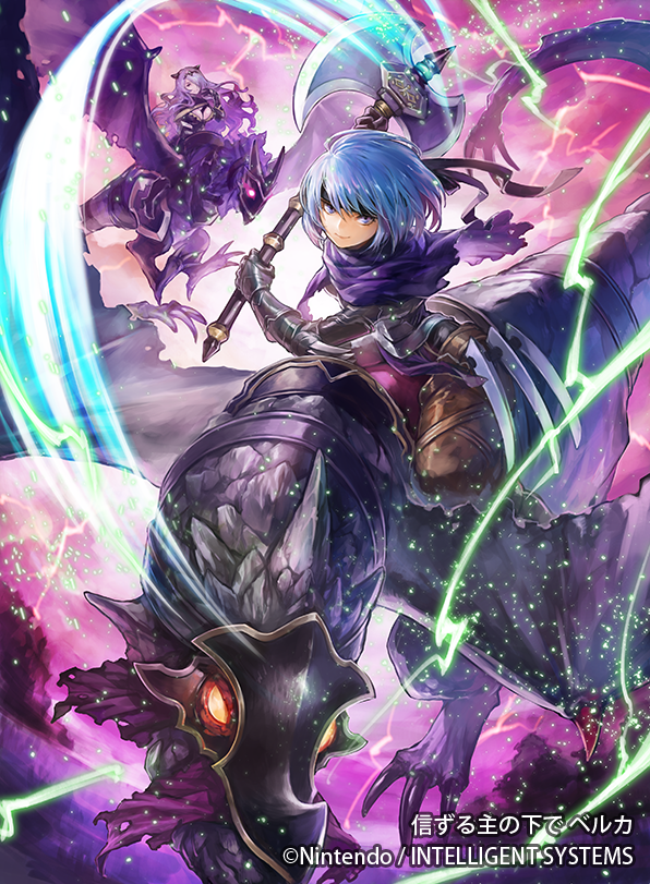 2girls armor axe beruka_(fire_emblem) blue_hair camilla_(fire_emblem) company_name copyright_name dragon fire_emblem fire_emblem_cipher fire_emblem_fates headband holding holding_axe long_hair multiple_girls official_art purple_hair riding scarf short_hair tiara uroko_(mnr) violet_eyes wyvern