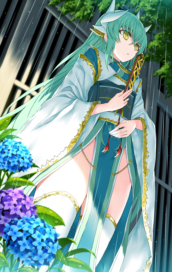 1girl aqua_hair aqua_kimono blue_flower dragon_girl dragon_horns fan fate/grand_order fate_(series) flower folding_fan holding holding_fan horns hydrangea japanese_clothes kimono kiyohime_(fate/grand_order) long_hair morizono_shiki obi outdoors pelvic_curtain purple_flower sash solo standing thigh-highs white_legwear wide_sleeves yellow_eyes