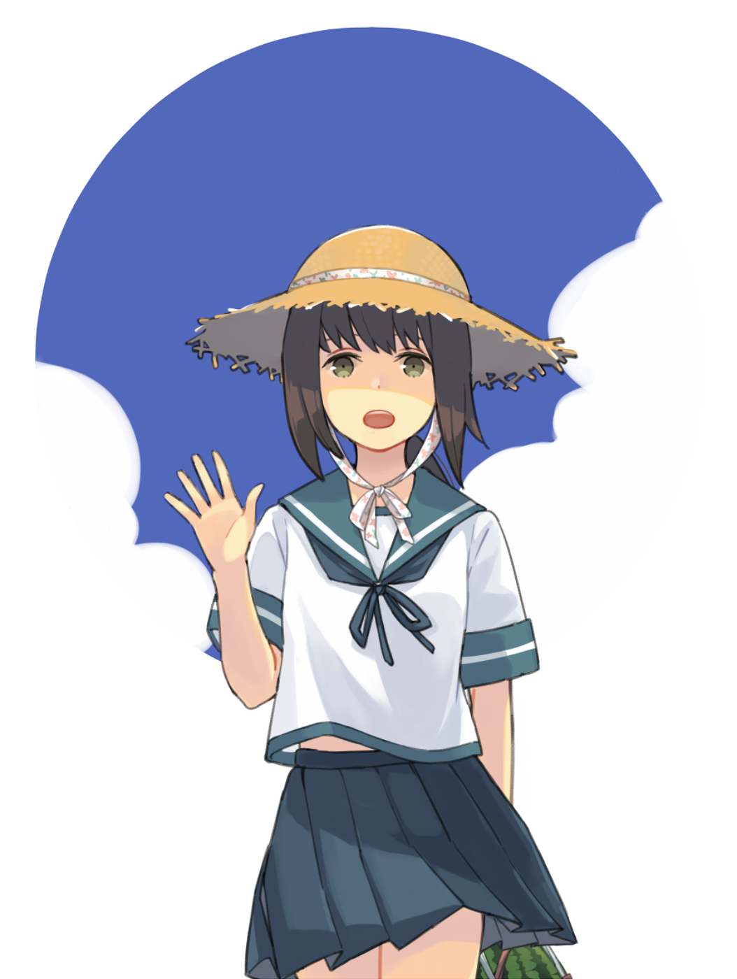 1girl bangs blue_sky clouds food fruit fubuki_(kantai_collection) green_eyes hat highres kantai_collection low_ponytail open_mouth pleated_skirt ponytail sailor_collar school_uniform serafuku shade short_ponytail short_sleeves sidelocks signature skirt sky solo straw_hat ueno_(sakumogu-029) watermelon waving