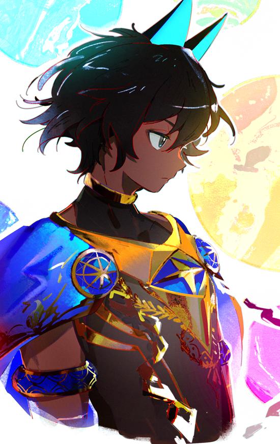 1boy arjuna_alter armlet black_hair blue_eyes cropped_torso dark_skin dark_skinned_male fate/grand_order fate_(series) male_focus namie-kun profile short_hair