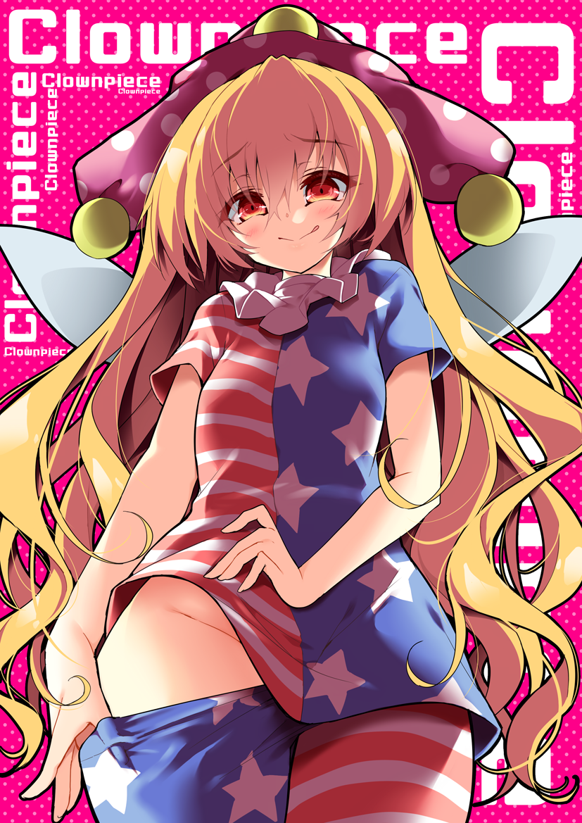 1girl :q american_flag_dress american_flag_legwear bangs blonde_hair blue_dress blue_legwear blush character_name clownpiece commentary_request cowboy_shot dress eyebrows_visible_through_hair fairy_wings groin hair_between_eyes hat jester_cap long_hair looking_at_viewer neck_ruff no_panties pantyhose pantyhose_pull pink_background polka_dot polka_dot_background polka_dot_hat pulled_by_self purple_headwear red_dress red_eyes red_legwear sakurame short_dress short_sleeves smile solo standing star star_print striped striped_dress striped_legwear tongue tongue_out touhou very_long_hair white_dress white_legwear wings