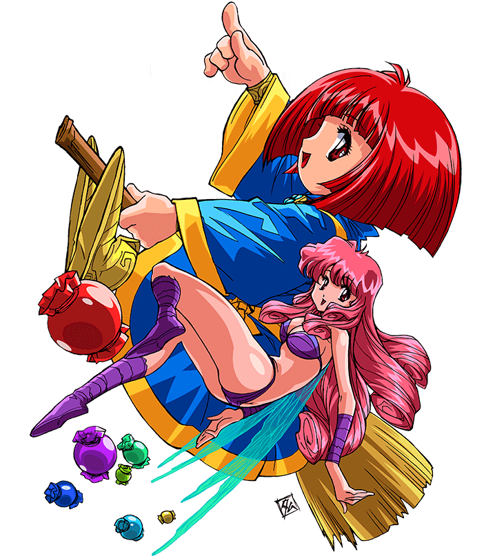2girls bikini bob_cut boots broom broom_riding candy cotton_(character) cotton_(game) fairy fairy_wings food long_hair long_sleeves multiple_girls official_art open_mouth pink_hair pointy_shoes purple_footwear red_eyes redhead shoes short_hair silk_(cotton) swimsuit transparent_background wide_sleeves wings yellow_footwear