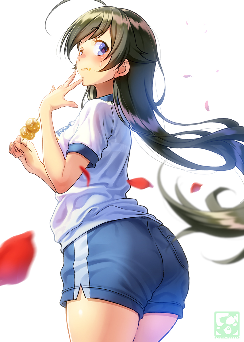 1girl :t ahoge artist_logo ass bangs black_hair blue_shorts blurry blurry_foreground blush bralines character_name cowboy_shot dango depth_of_field eating emblem eyebrows_visible_through_hair food from_behind girls_und_panzer gym_shorts gym_uniform highres holding holding_food isuzu_hana long_hair looking_at_viewer one_eye_closed ooarai_(emblem) pairan pantylines petals print_shirt shirt short_shorts short_sleeves shorts simple_background single_vertical_stripe solo standing sweatdrop t-shirt wagashi white_background white_shirt wind