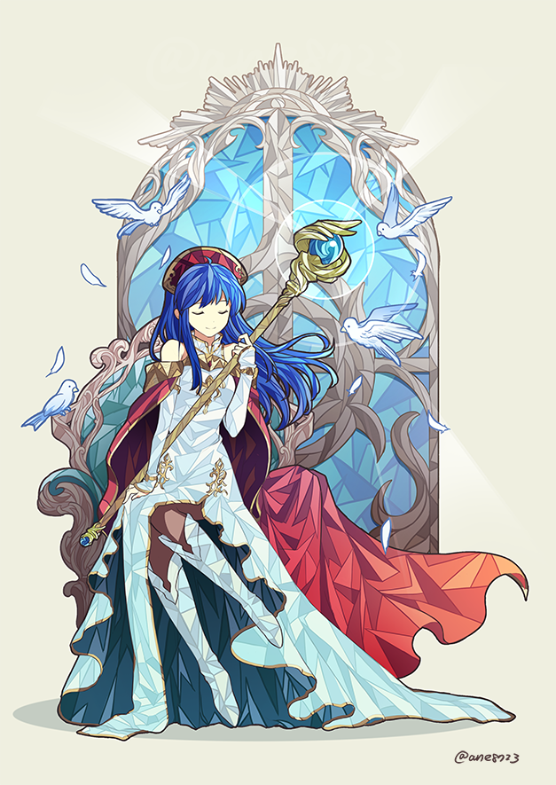 1girl ane-suisei bird blue_hair cape closed_eyes closed_mouth dress feathers fire_emblem fire_emblem:_the_binding_blade full_body hat holding holding_staff lilina long_hair red_headwear sitting smile solo staff twitter_username