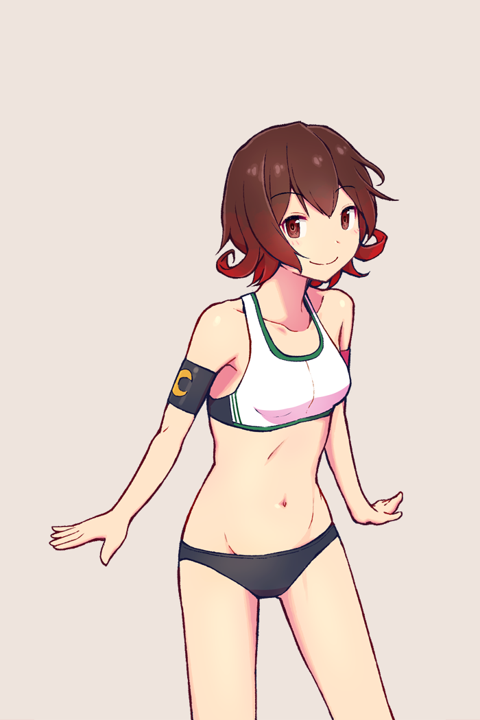 1girl adapted_costume alternate_costume armband beach_volleyball bikini brown_hair collarbone cowboy_shot crescent gradient_hair grey_background kantai_collection looking_at_viewer mismatched_bikini multicolored_hair mutsuki_(kantai_collection) nakaaki_masashi navel redhead short_hair simple_background smile solo sports_bikini swimsuit volleyball