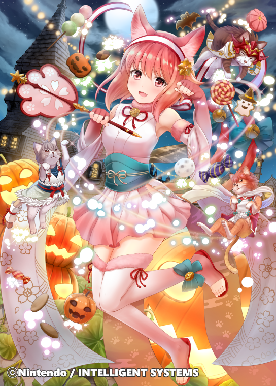 1girl :d animal_ears bangs bare_shoulders bell bow candy castle cat_ears cat_tail copyright_name elbow_gloves eyebrows_visible_through_hair fingerless_gloves fire_emblem fire_emblem_cipher fire_emblem_fates floral_print food full_body fur_trim gloves hair_ornament hairband hinoka_(fire_emblem) holding japanese_clothes nichika_(nitikapo) official_art open_mouth open_toe_shoes paw_pose paw_print pink_hair pumpkin red_eyes ryoma_(fire_emblem) sakura_(fire_emblem) skirt sleeveless smile tail takumi_(fire_emblem) thigh-highs zettai_ryouiki