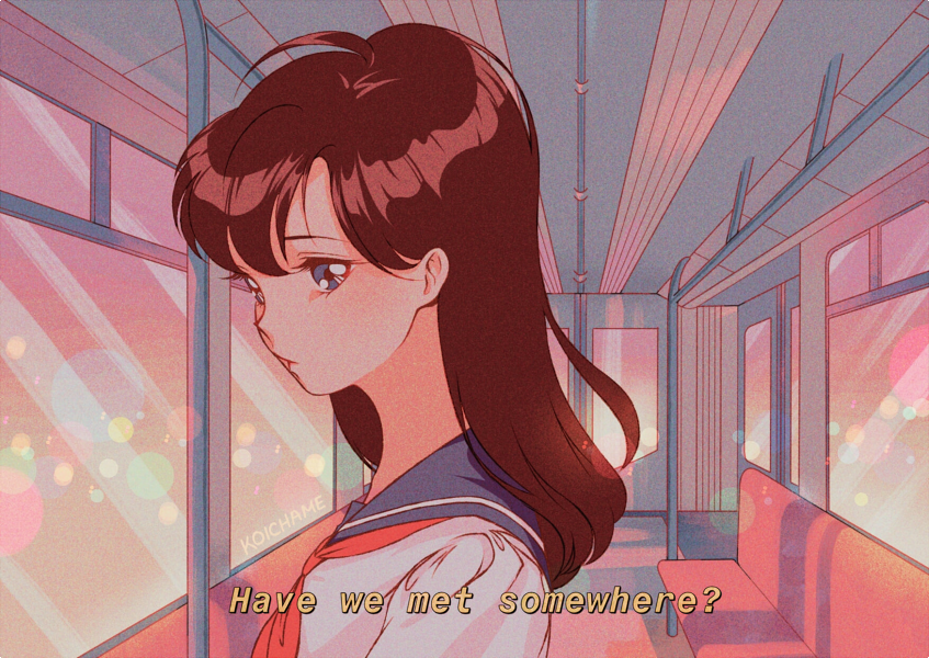 1girl 90s artist_name bangs blue_eyes blue_sailor_collar brown_hair commentary english_commentary english_text fake_screenshot from_side koichame long_hair looking_at_viewer looking_to_the_side neckerchief oldschool original original_character portrait red_neckwear sailor_collar school_uniform serafuku solo style_parody subtitled train_interior