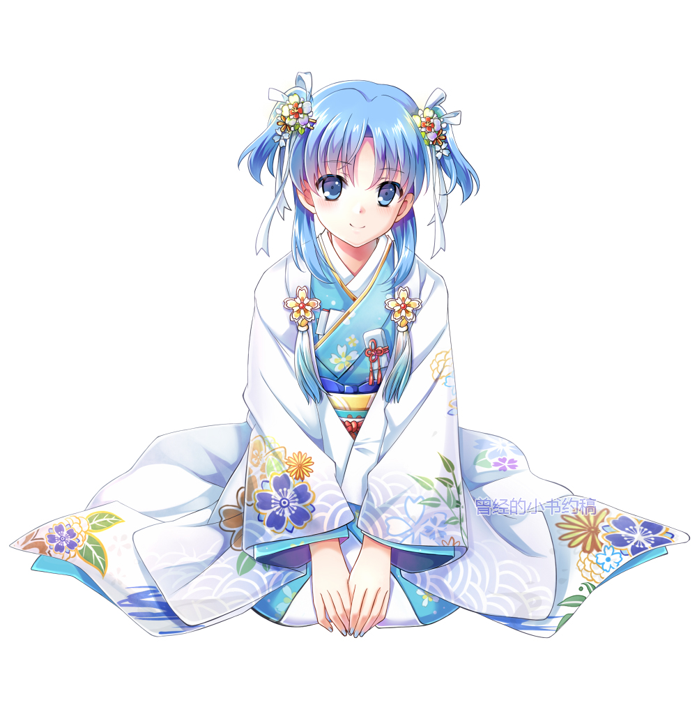 1girl bangs blue_eyes blue_flower blue_hair blue_kimono blush brown_flower chinese chtholly_nota_seniorious closed_mouth comma eyebrows_visible_through_hair floral_print flower full_body gyaza hair_between_eyes hair_flower hair_ornament hair_ribbon japanese_clothes kimono long_sleeves obi parted_bangs print_kimono red_flower ribbon sash seiza shuumatsu_nani_shitemasu_ka? sidelocks simple_background sitting smile solo translated two_side_up white_background white_flower white_ribbon wide_sleeves