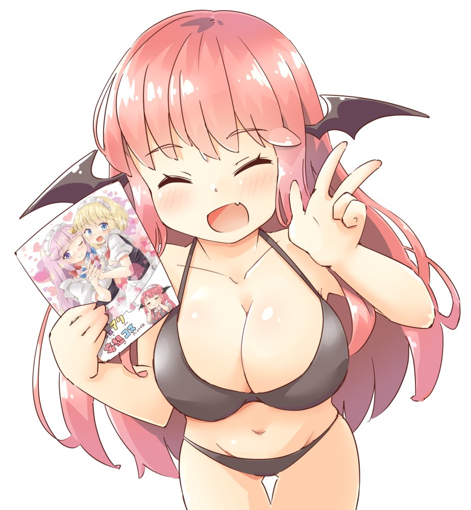 1girl :d ^_^ alice_margatroid arnest bangs bare_arms bare_shoulders bikini black_bikini blush book breasts closed_eyes collarbone commentary_request cowboy_shot demon_wings eyebrows_visible_through_hair facing_viewer fang groin halterneck hands_up head_wings holding holding_book koakuma large_breasts leaning_forward long_hair navel open_mouth patchouli_knowledge redhead simple_background skin_fang smile solo standing stomach swimsuit thighs touhou very_long_hair w white_background wings