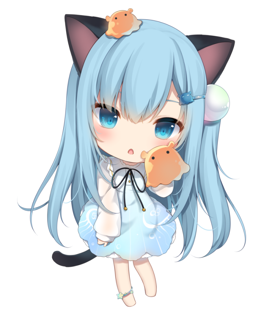 1girl amashiro_natsuki animal_ears anklet bangs barefoot blue_dress blue_eyes blue_hair cat_ears cat_girl cat_tail chibi commentary_request dress eyebrows_visible_through_hair full_body hair_between_eyes hair_ornament hairclip jewelry long_sleeves looking_at_viewer on_head one_side_up original parted_lips puffy_long_sleeves puffy_sleeves shirt simple_background sleeveless sleeveless_dress sleeves_past_wrists solo standing star tail white_background white_shirt