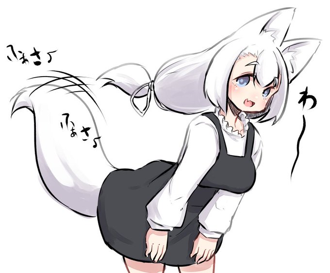 1girl :d animal_ear_fluff animal_ears bangs black_dress blue_eyes blush breasts commentary_request cowboy_shot dress eyebrows_visible_through_hair fang fox_ears fox_girl fox_tail hair_ribbon leaning_forward long_hair long_sleeves looking_at_viewer low-tied_long_hair medium_breasts open_mouth original ribbon shirt sidelocks simple_background sleeveless sleeveless_dress smile solo tail tail_wagging translation_request u-non_(annon'an) white_background white_hair white_ribbon white_shirt