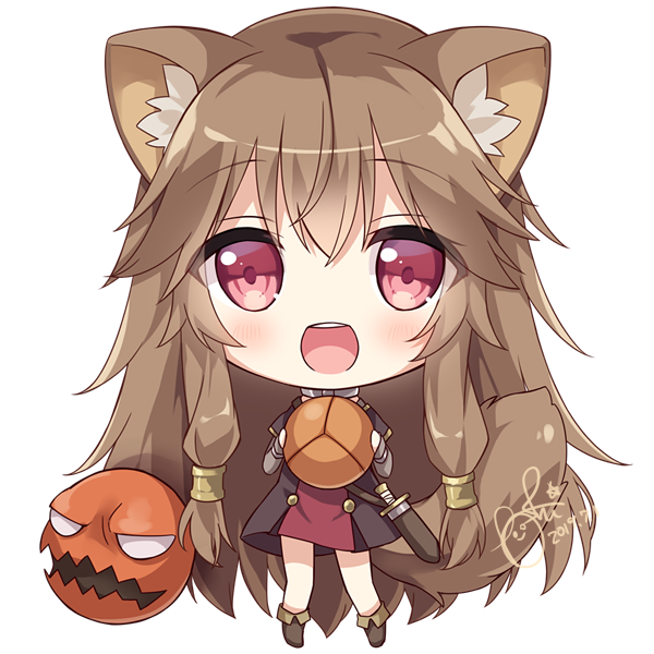 1girl :d animal_ear_fluff animal_ears bangs blush boots brown_dress brown_footwear brown_hair chibi commentary_request dagger dated dress eyebrows_visible_through_hair full_body hair_between_eyes hair_tubes holding hoshi_(snacherubi) long_hair long_sleeves looking_at_viewer open_mouth raccoon_ears raccoon_girl raccoon_tail raphtalia red_eyes round_teeth sheath sheathed short_over_long_sleeves short_sleeves sidelocks signature simple_background smile solo standing tail tate_no_yuusha_no_nariagari teeth upper_teeth very_long_hair weapon white_background