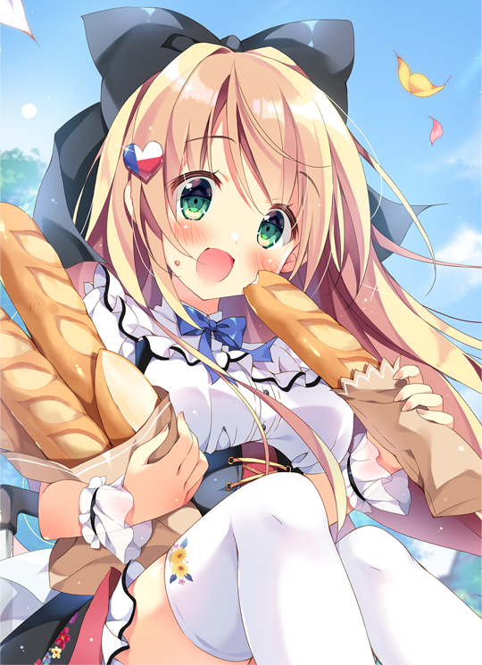 1girl :d bag baguette bangs black_bow black_skirt blonde_hair blue_bow blue_sky blush bow bread breasts clouds commentary_request day dress_shirt eyebrows_visible_through_hair fingernails food food_on_face frilled_skirt frills green_eyes hair_bow holding holding_food leaves_in_wind long_hair looking_at_viewer medium_breasts nail_polish open_mouth original outdoors pan_(mimi) paper_bag pink_nails shirt sitting skirt sky smile solo thigh-highs very_long_hair white_legwear white_shirt wrist_cuffs