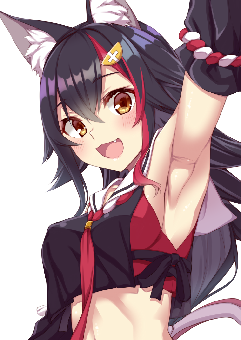1girl :d animal_ear_fluff animal_ears arm_up armpits bare_shoulders black_hair black_shirt blush breasts brown_eyes commentary_request crop_top crop_top_overhang detached_sleeves fang fuji_yoshida hair_between_eyes hair_ornament highres hololive long_hair looking_at_viewer medium_breasts midriff multicolored_hair necktie ookami_mio open_mouth redhead rope sailor_collar shimenawa shirt simple_background smile solo stomach streaked_hair upper_body virtual_youtuber white_background white_sailor_collar wolf_ears