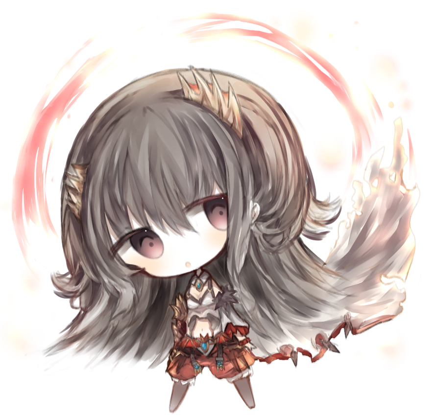 1girl :o bangs black_hair black_legwear blush character_request chibi commentary_request cottontailtokki full_body hair_between_eyes head_tilt horns long_hair long_sleeves navel pantyhose parted_lips puffy_shorts red_eyes red_shorts shadowverse shorts solo standing very_long_hair white_background