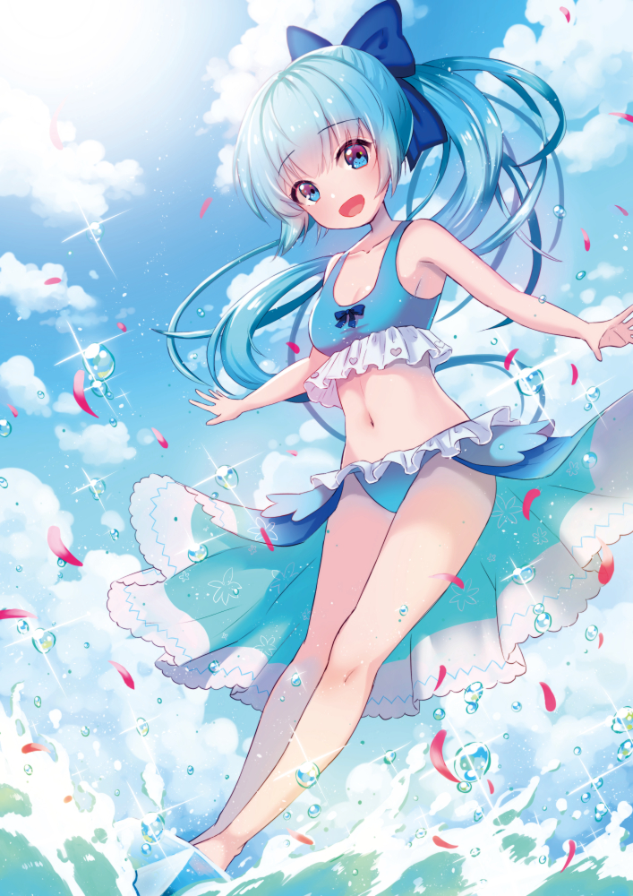 1girl :d bare_arms bare_legs bikini blue_bikini blue_bow blue_eyes blue_hair blue_theme bow clouds collarbone flower_knight_girl full_body glint hair_bow kusumoto_miya long_hair looking_at_viewer navel nerine_(flower_knight_girl) ocean open_mouth outstretched_arms petals ponytail sky smile solo spread_arms standing swimsuit water