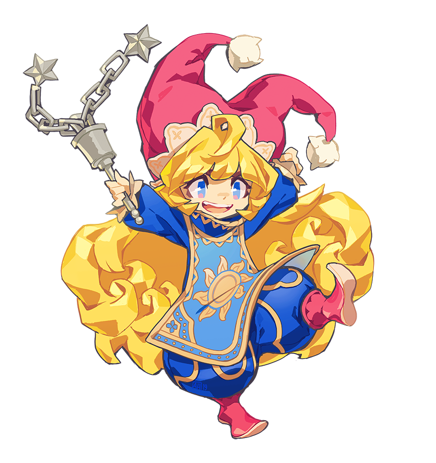 1girl ahoge arlmuffin arms_up bangs blonde_hair blue_eyes charlotte_(seiken_densetsu_3) commentary curly_hair flail full_body hat holding holding_weapon jester_cap leg_up long_hair long_sleeves open_mouth pom_pom_(clothes) red_footwear red_headwear seiken_densetsu seiken_densetsu_3 smile solo sun_(symbol) tabard transparent_background weapon